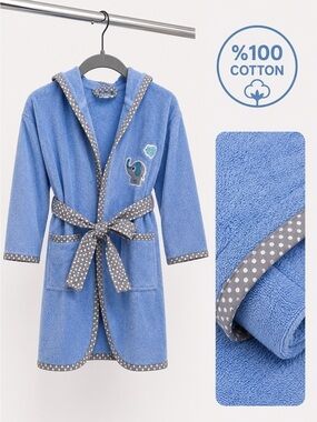 Kids Blue Bathrobe 100% Cotton Hooded Elephant Soft Robe 4-6Y